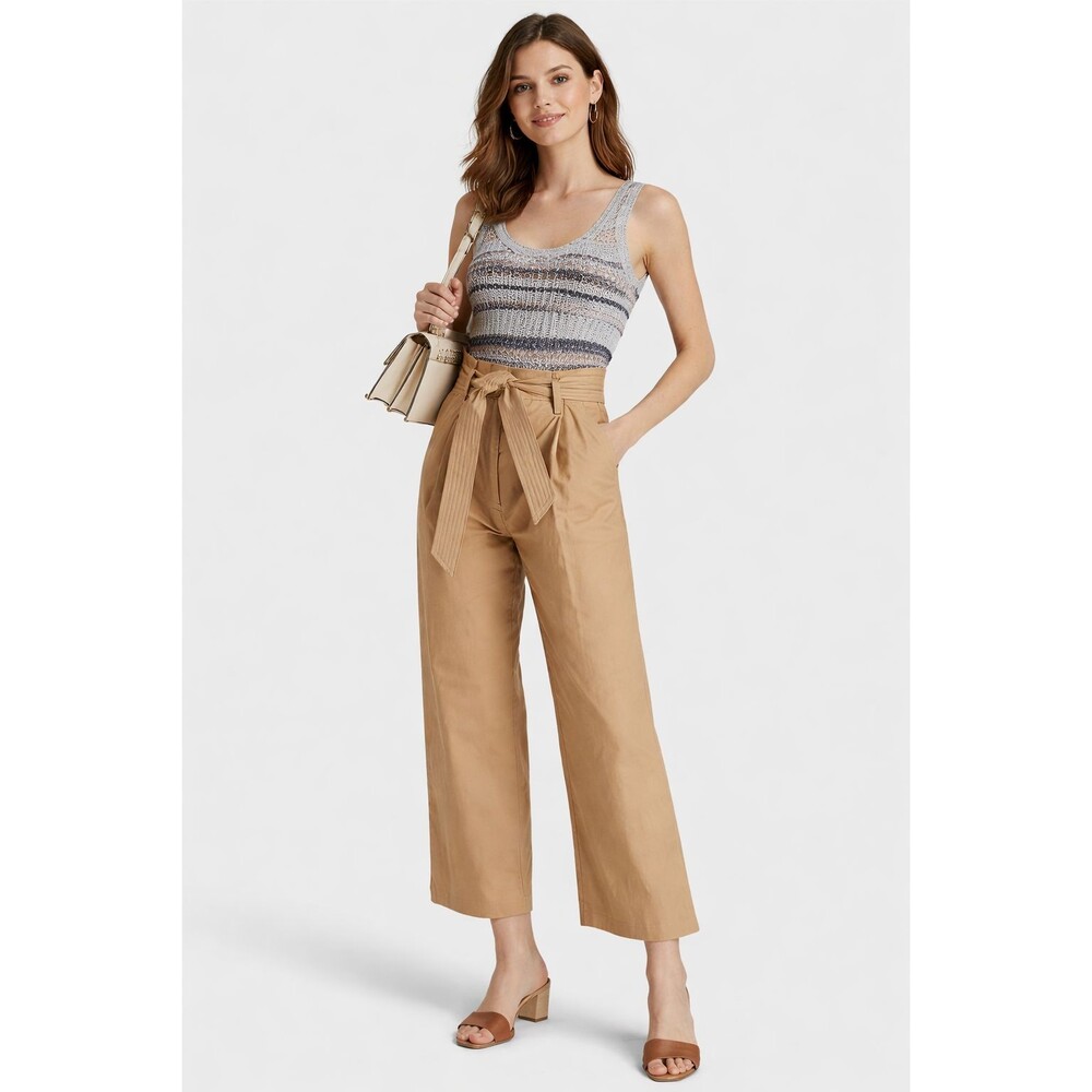 Veronica Beard Tan Wide-Leg Paperbag Waist Pants